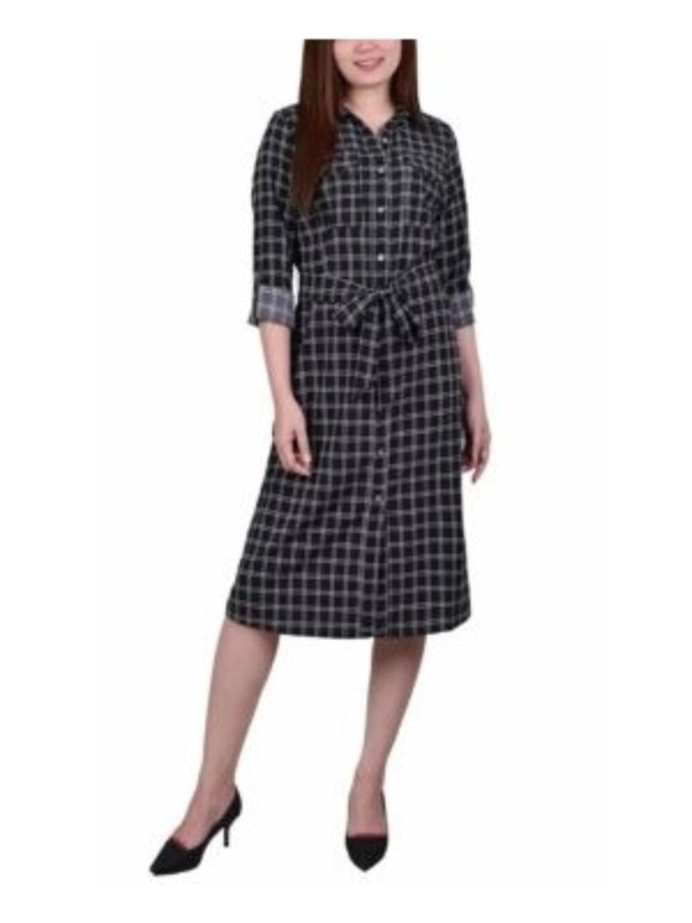 NY Collection Womens 3/4 Roll Tab Sleeve Belted Shirtdress Black Size PS NWT